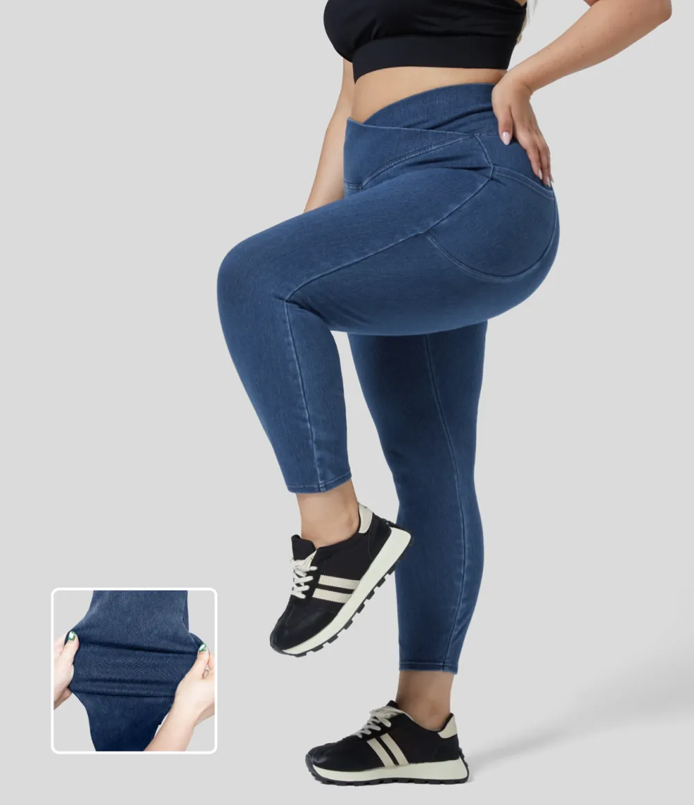 Magic Crossover Side Pocket Washed Stretchy Knit Denim Work Plus Size Leggings