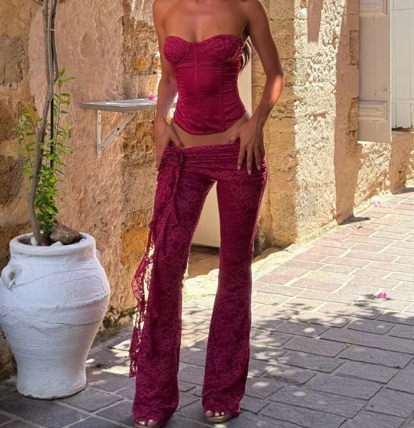 Burgundy Satin Lace Corset Top