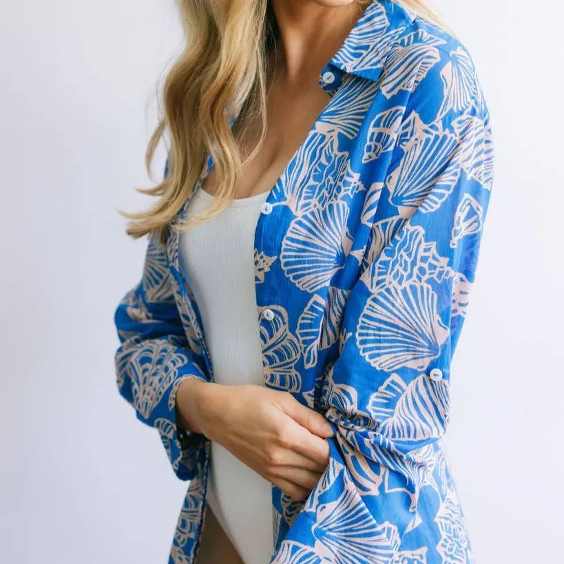 Ocean Print Button Front Beach Cover Up