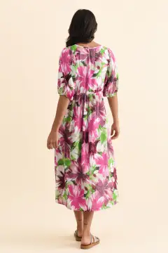 Below-Knee Floral Rayon Pocket V-Neck Half-Sleeve A-Line Dress