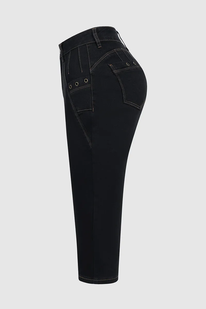 Zipper Mid Waist Capris Denim Bottom