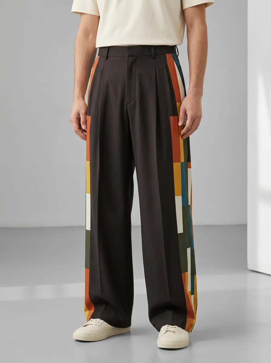 Men's Geometric Color Block Side Printed Wide Leg Trousers