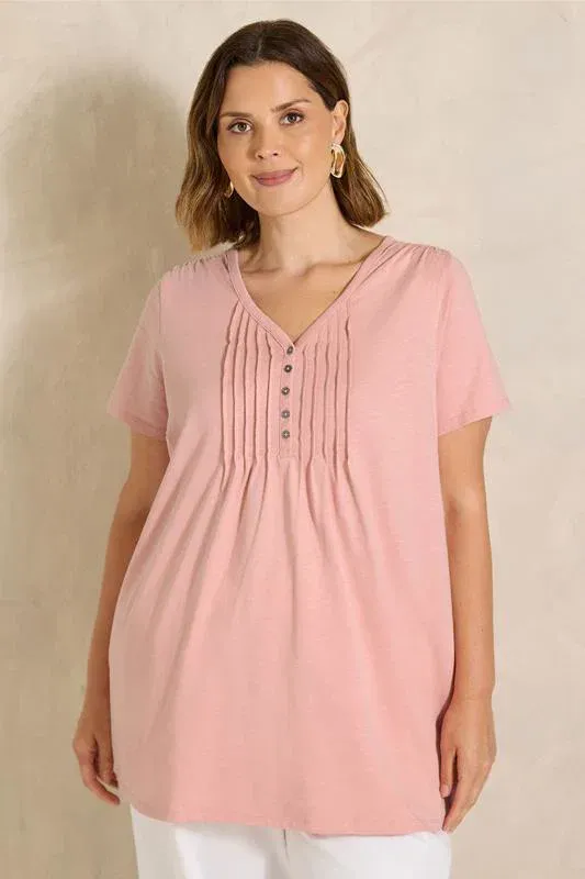 Pink Short Sleeve Cotton Henley Top