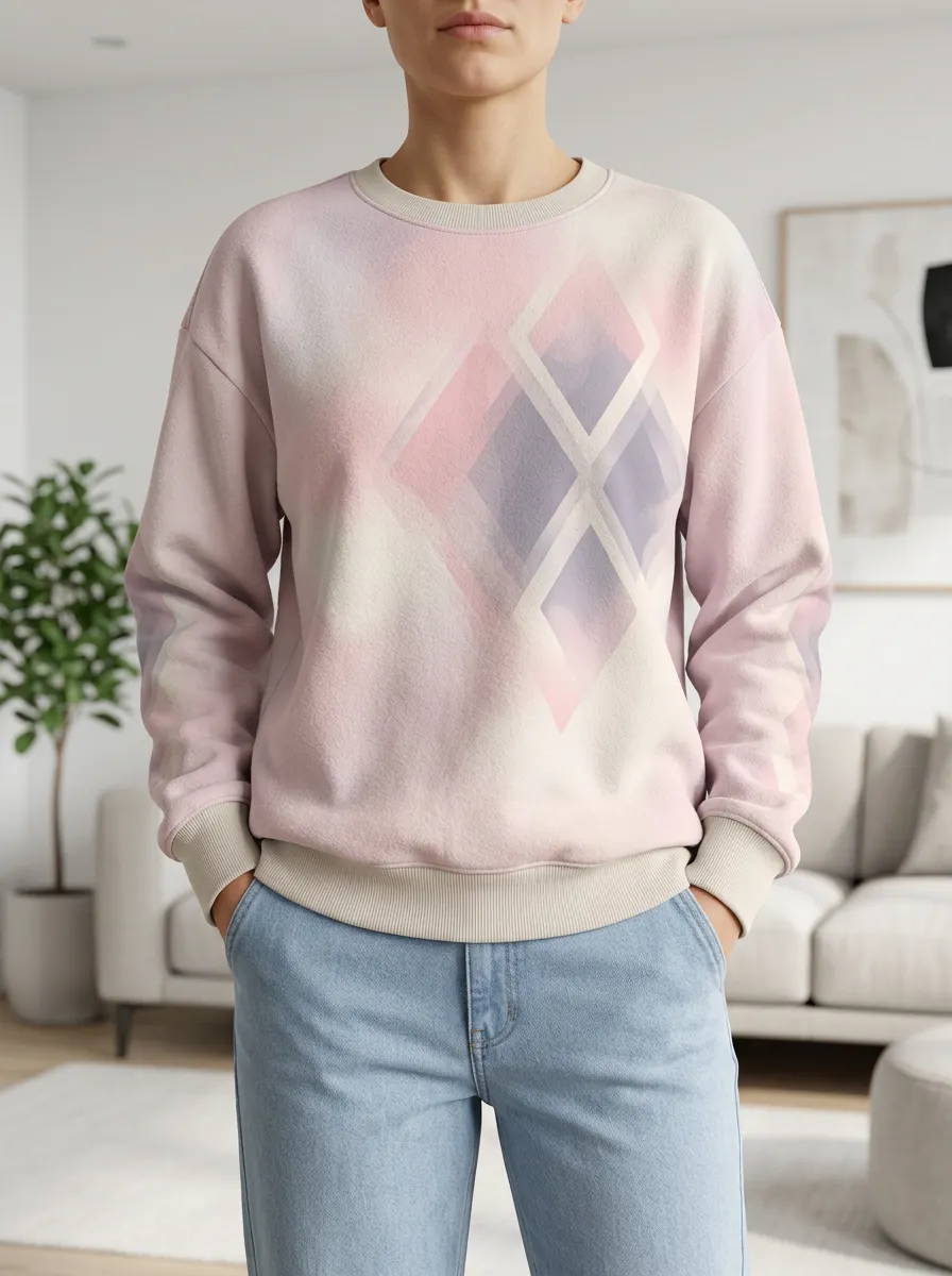 Women's Pastel Argyle Pattern Printed Fleece Sweatshirt