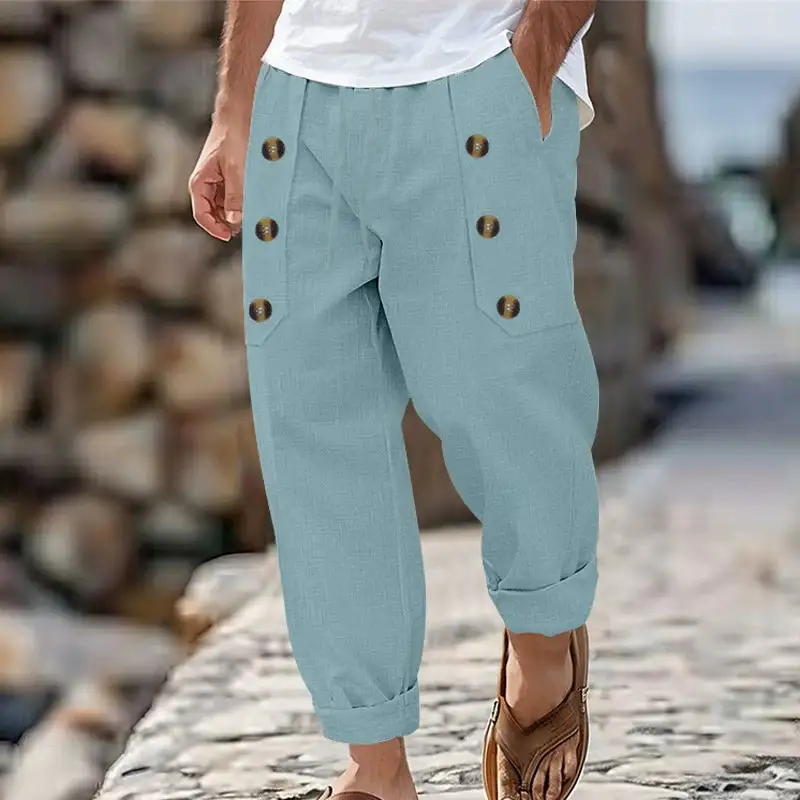 Button Detail Linen-Blend Cropped Pants
