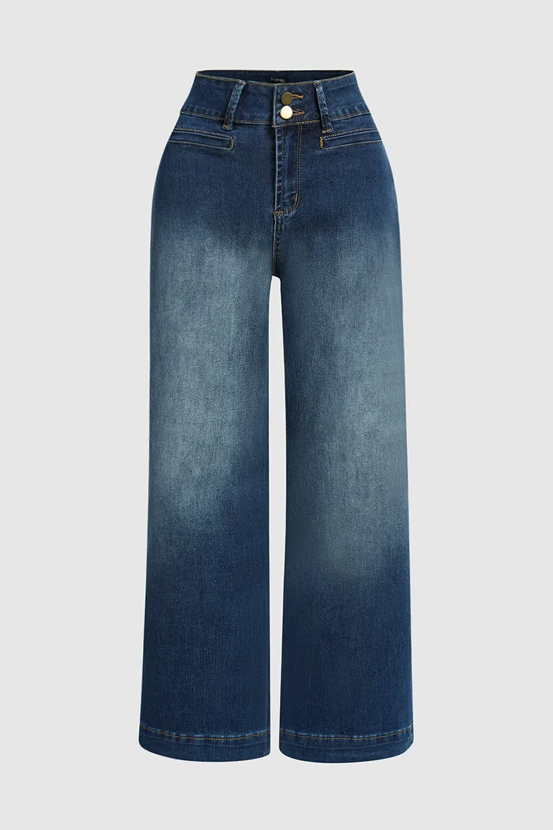 Pocket Detail Wide Leg Mid Waist Jeans Without Belt