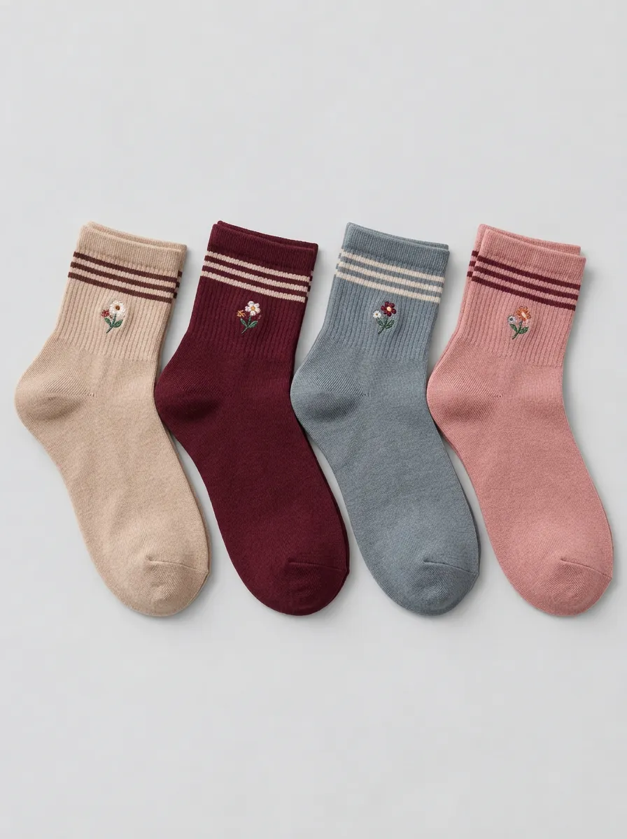 Women's Floral Lover Vintage Striped Embroidered Cotton Socks