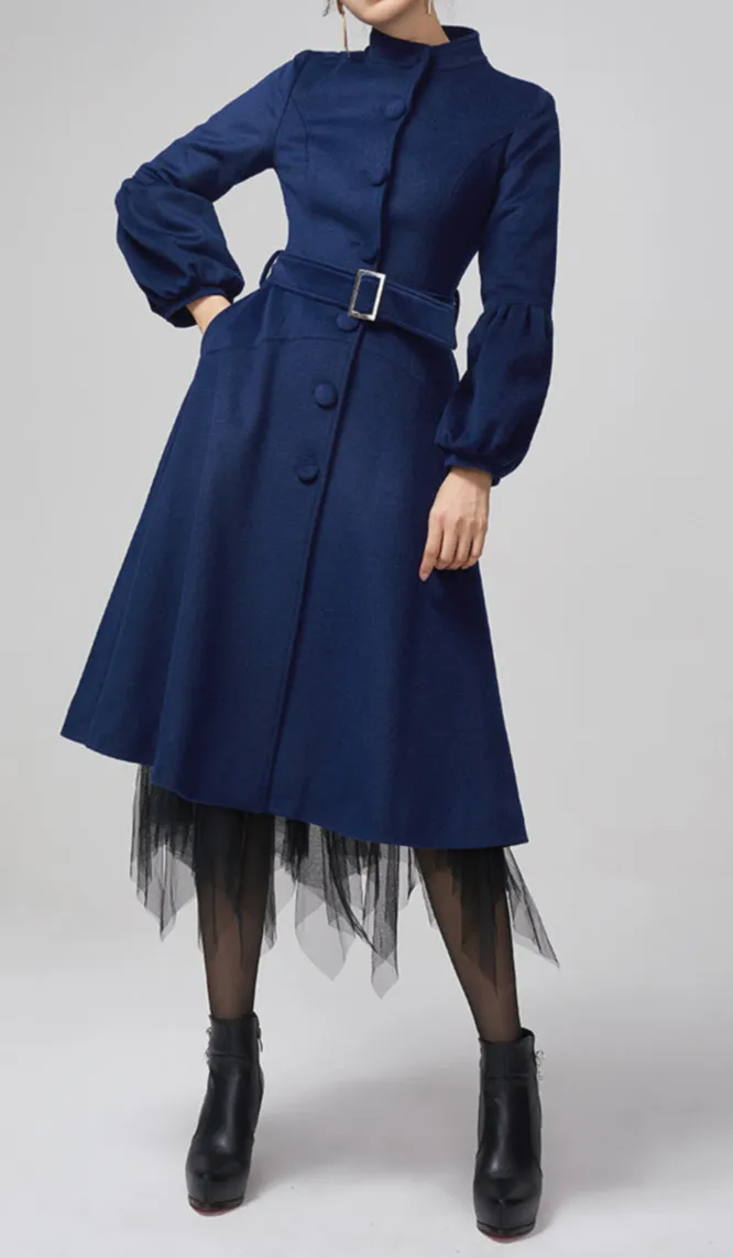 Wool Blend Belted Lantern Sleeve Pocketed Midi Coat