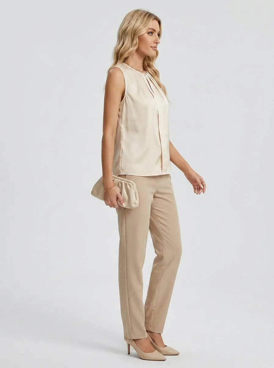 Pleated Keyhole Sleeveless Blouse