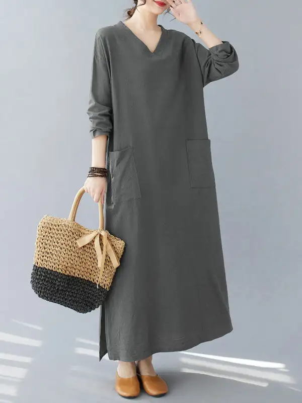 Pockets Long Neck Maxi Dress