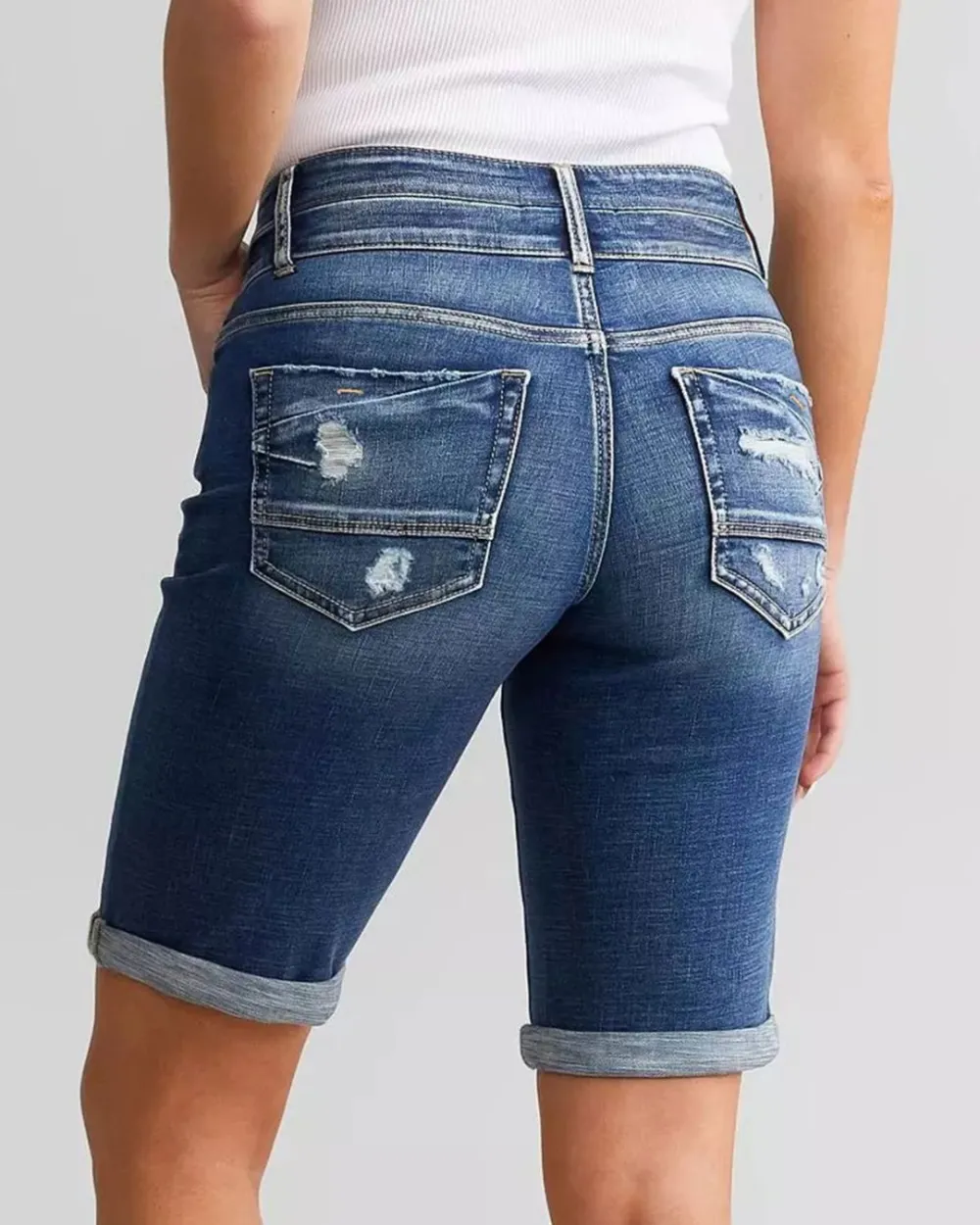 Washed Stretch Double-Button Long Shorts