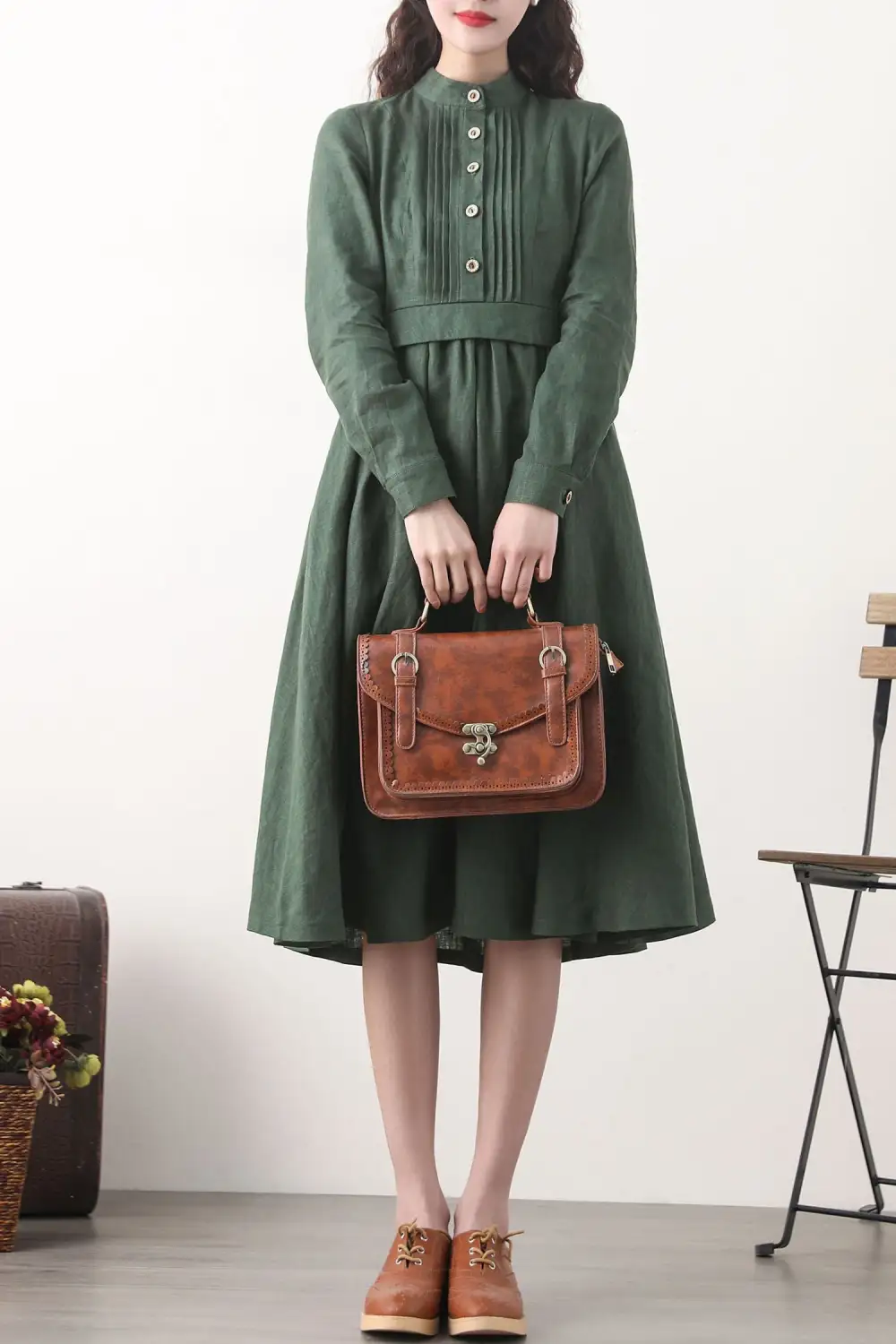 Refined Linen Pleated Long Sleeve Midi Dress