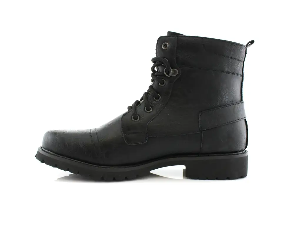 Faux-Leather Lace-Up Buckle-Detail Combat Boots