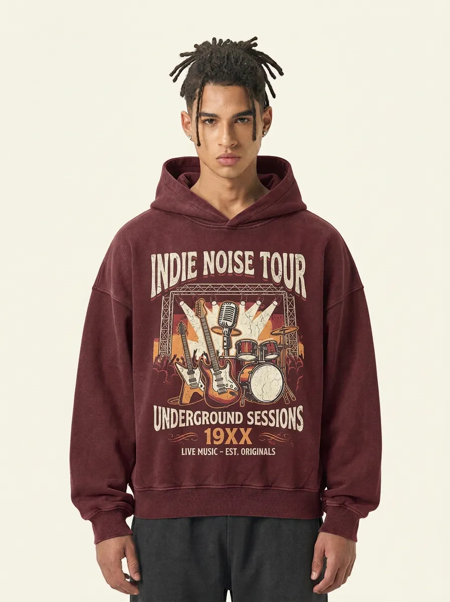 Men's Indie Rock Music Lover Guitar Drum Printed Hoodie