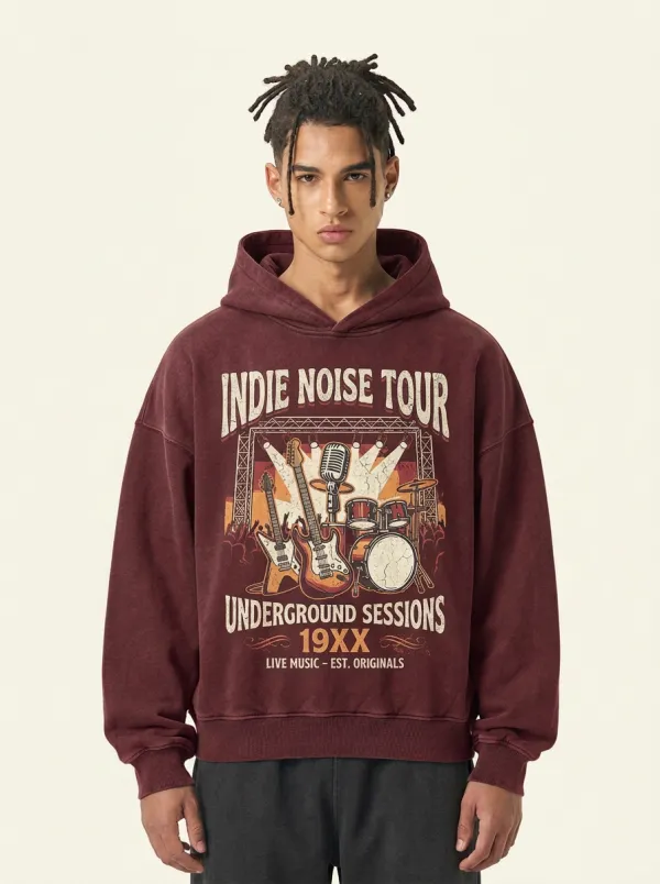 Men's Indie Rock Music Lover Guitar Drum Printed Hoodie