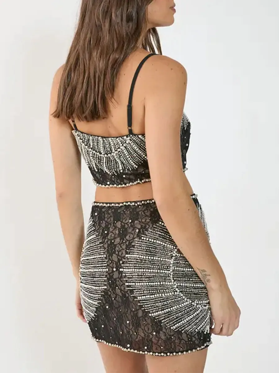 Women's Black Lace Pearl-Detailed Mini Skirt