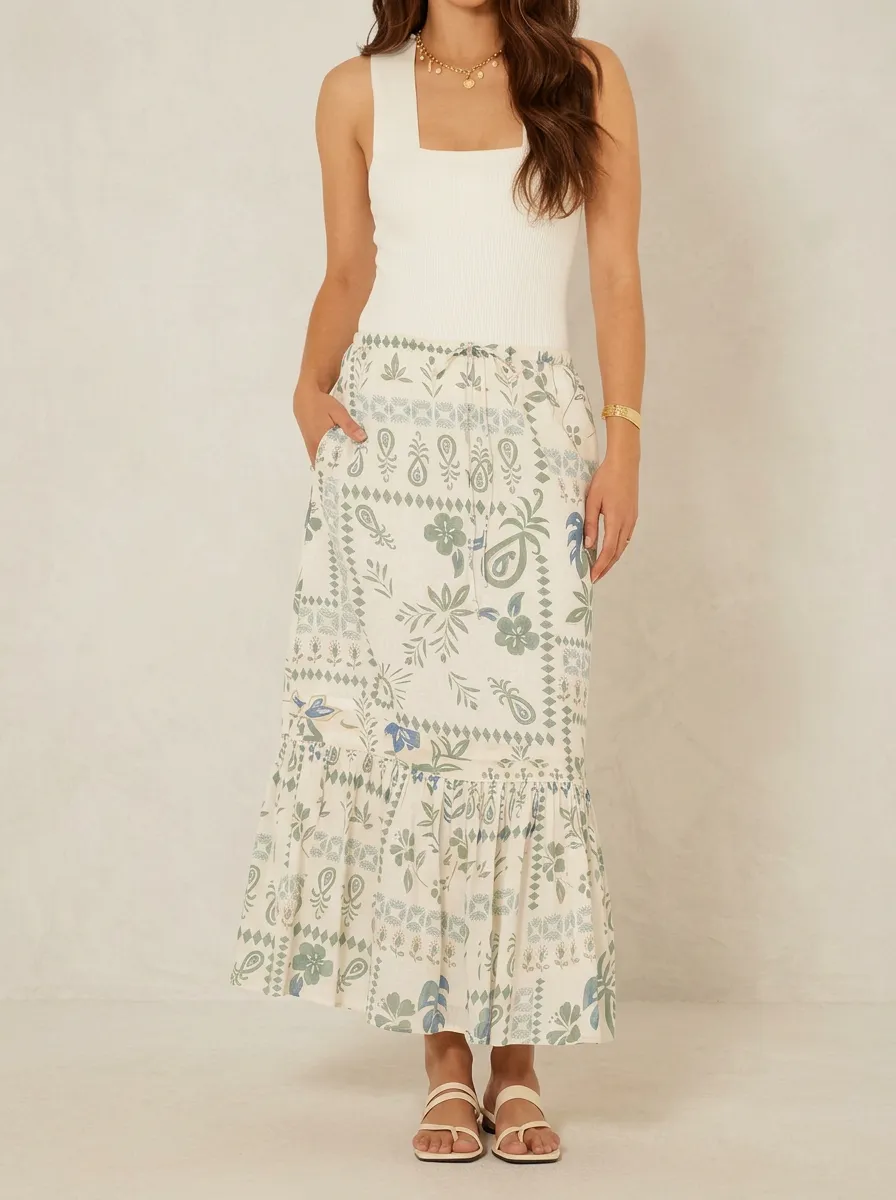 Women's Boho Floral Paisley Pattern Printed Midi Skirt