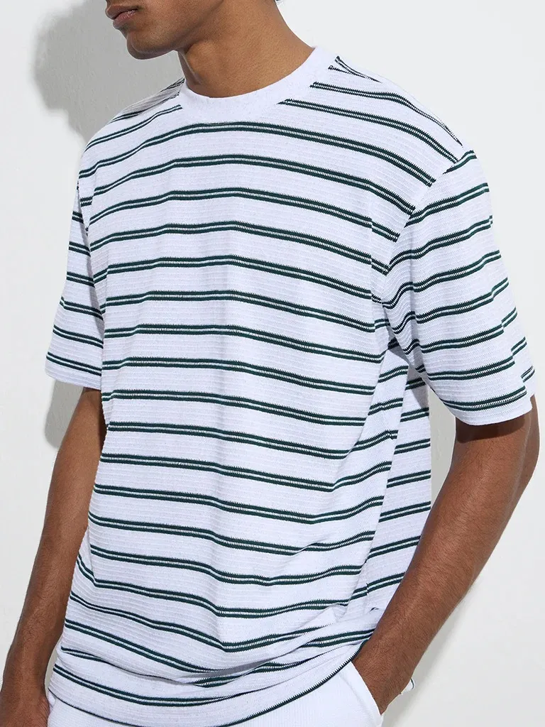 Striped Light Grey Cotton Blend T-Shirt