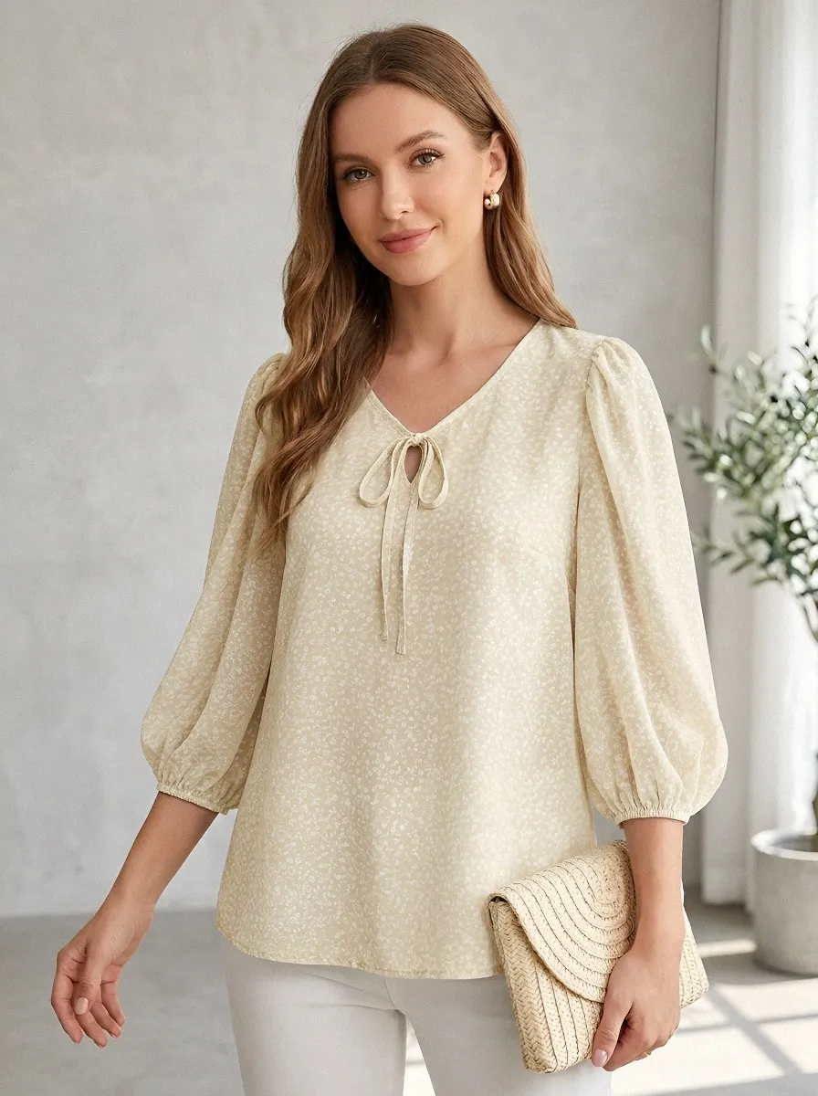 Floral V-Neck Women's Puff-Sleeve Blouse