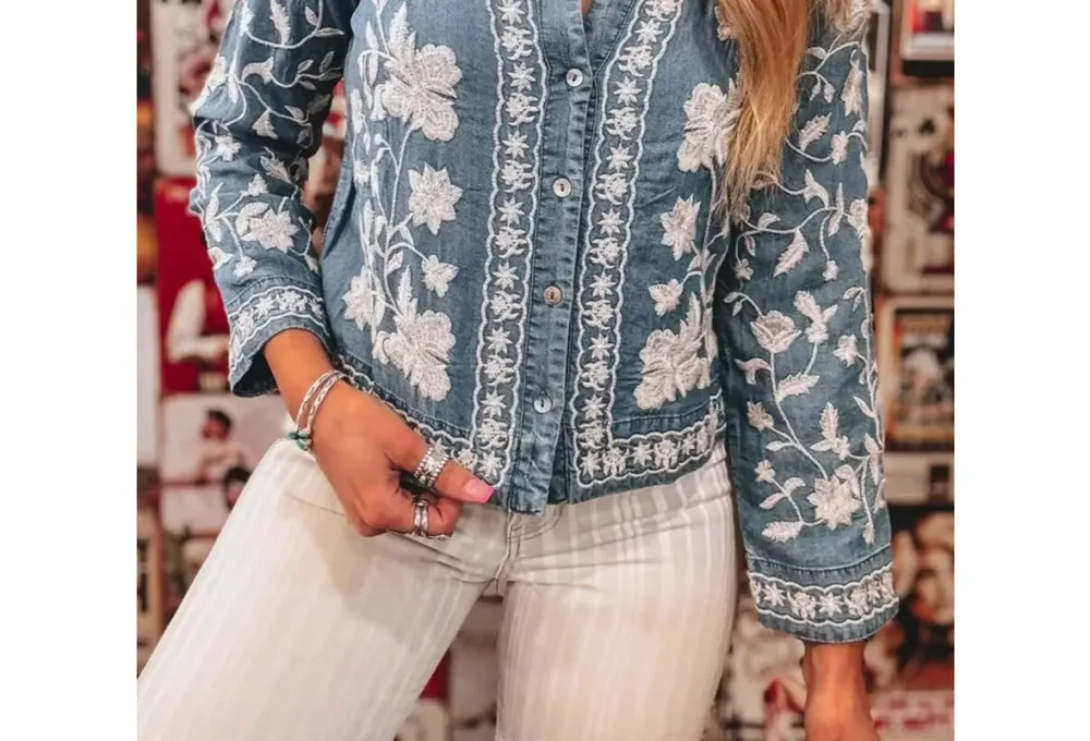 Floral Embroidered Button-Up Denim Shirt
