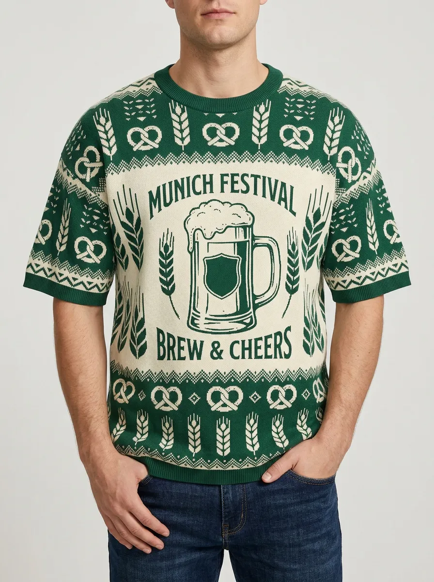 Men's Oktoberfest Beer Mug Pretzel Pattern Printed Knit T-shirt