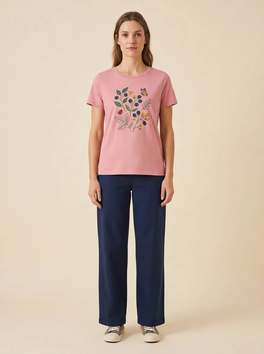 Women's Crew-Neck Graphic Rib-Trim Knitted T-Shirt