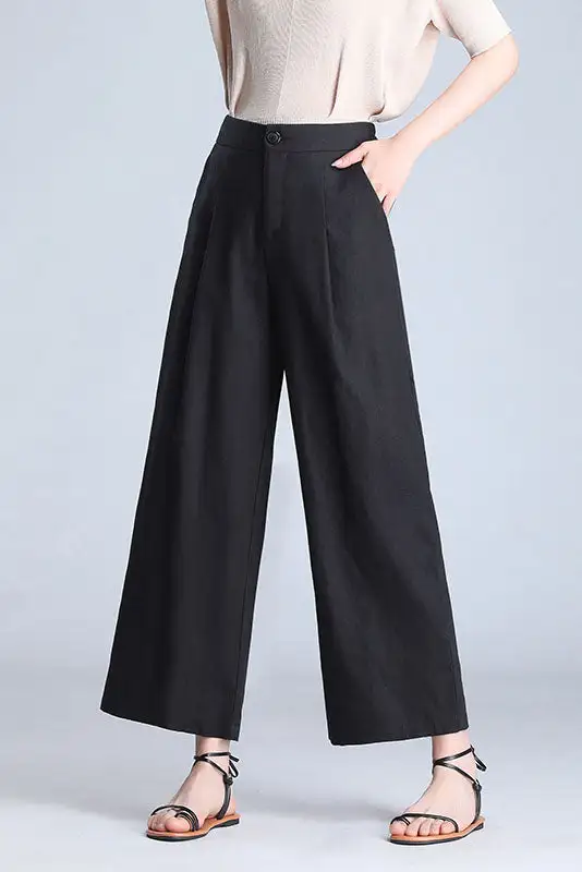 Textured Linen Wide Leg Elastic Waist Pocketed Trousers