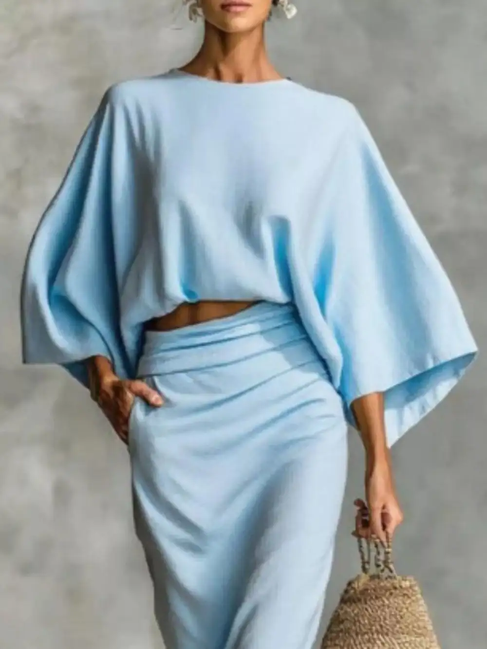 Kimono Sleeve Top and Ruched Skirt Set