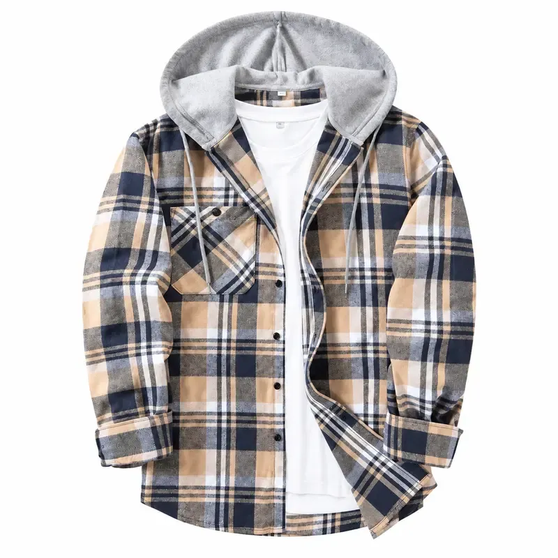 Men's Plus-Size Plaid Flannel Hooded Long-Sleeve Shirt Jacket