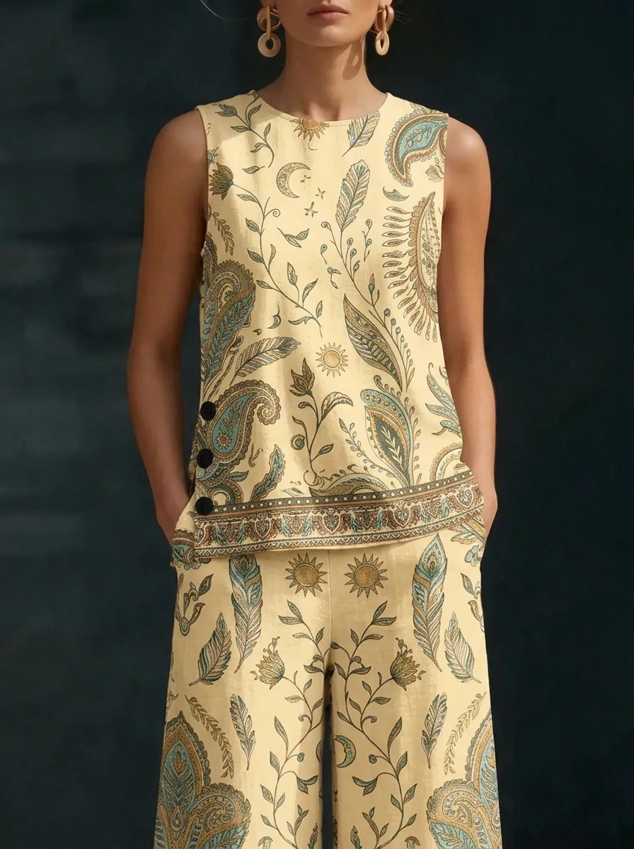 Women's Boho Sun Moon Paisley Printed Sleeveless Set