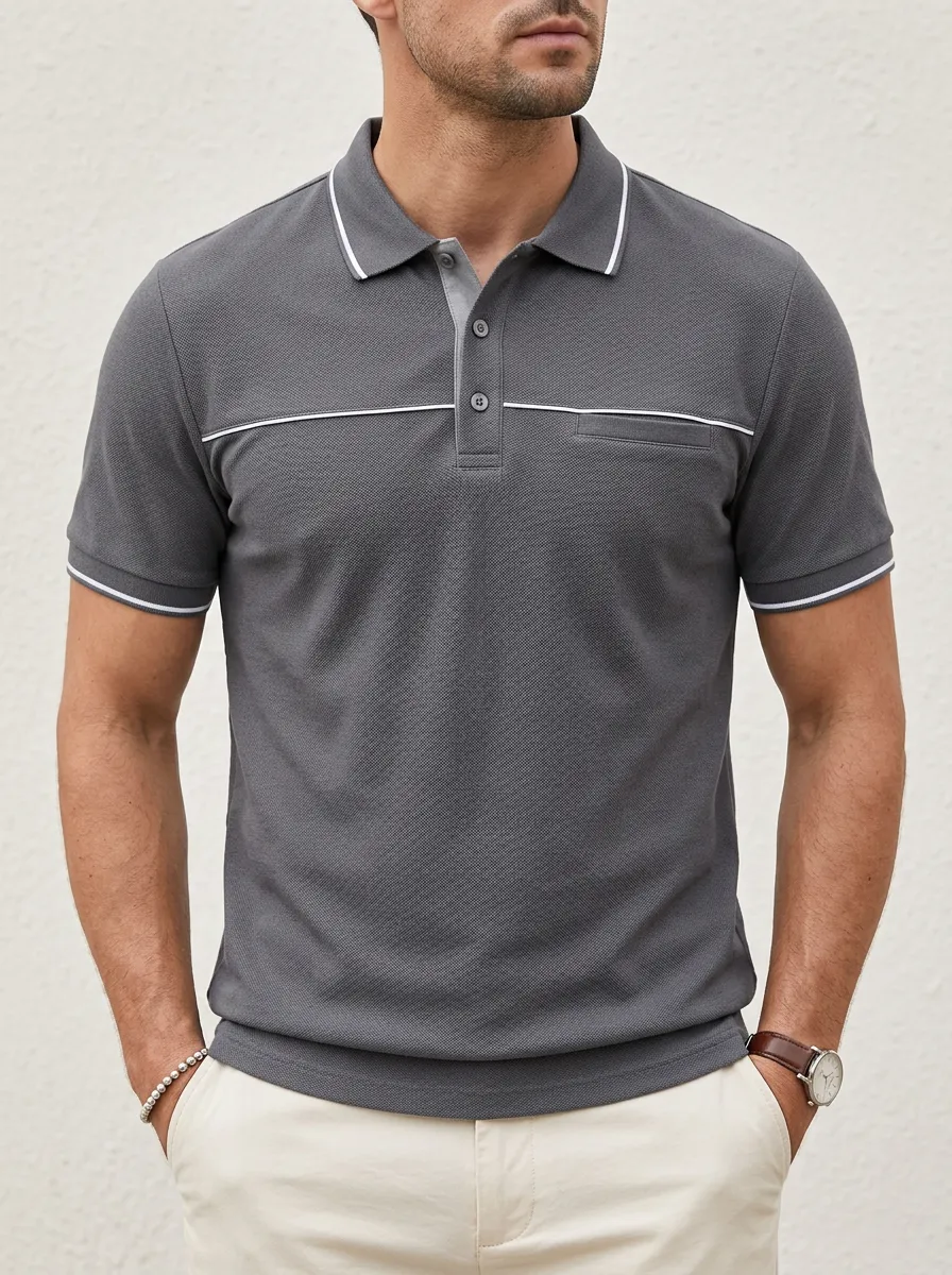 Men's Casual Contrast Trim Pocket Polo Shirt
