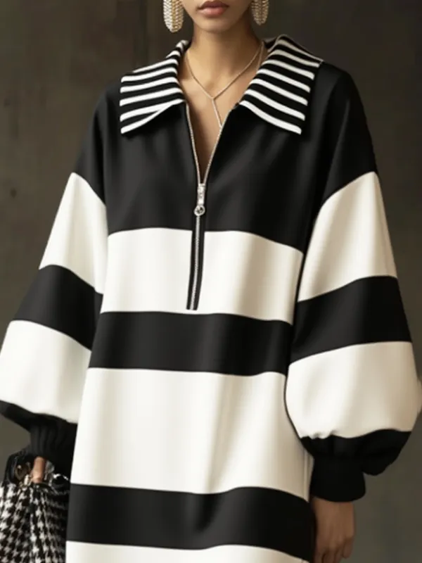 Long Sleeve Puff Sleeve Contrast Color Striped Zipper Lapel Mini Dress