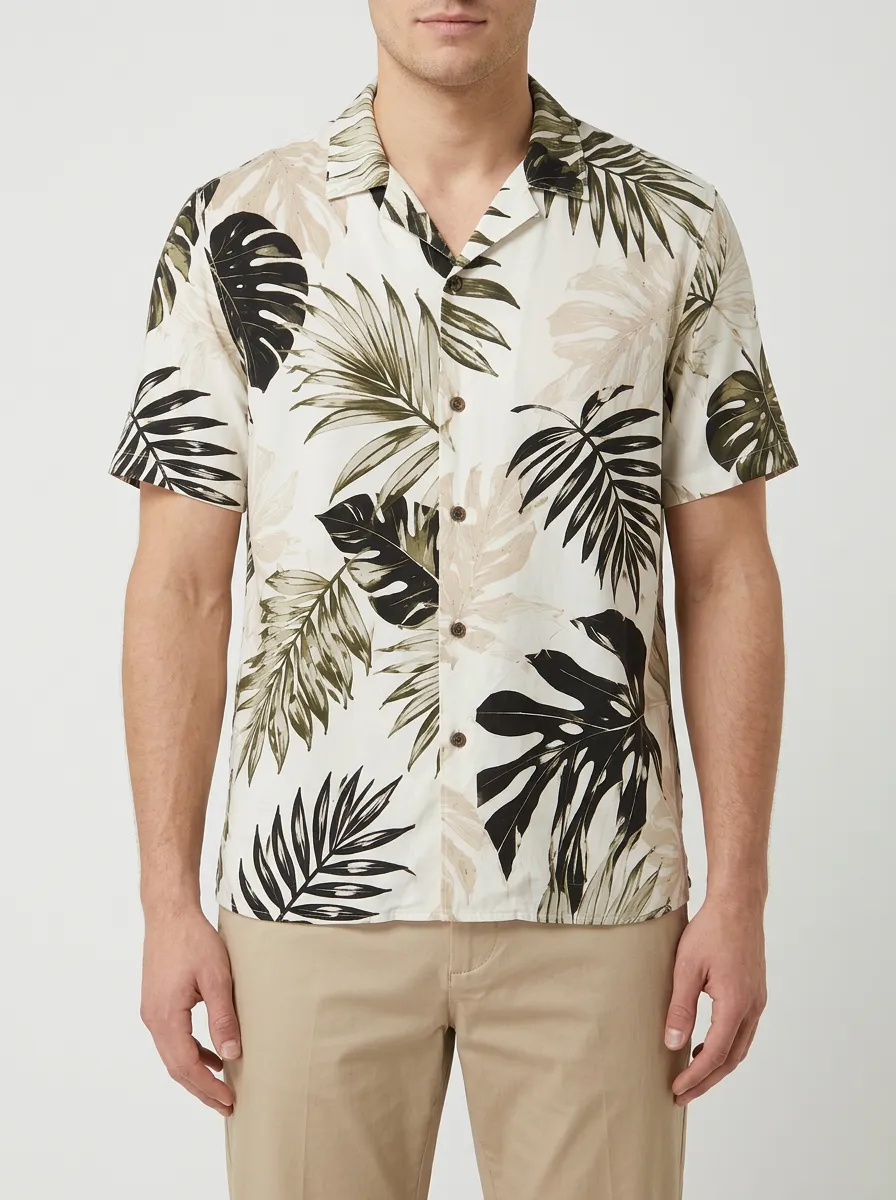 Men's Tropical Leaf Print Camp Collar Shirt with Full-length front button placket