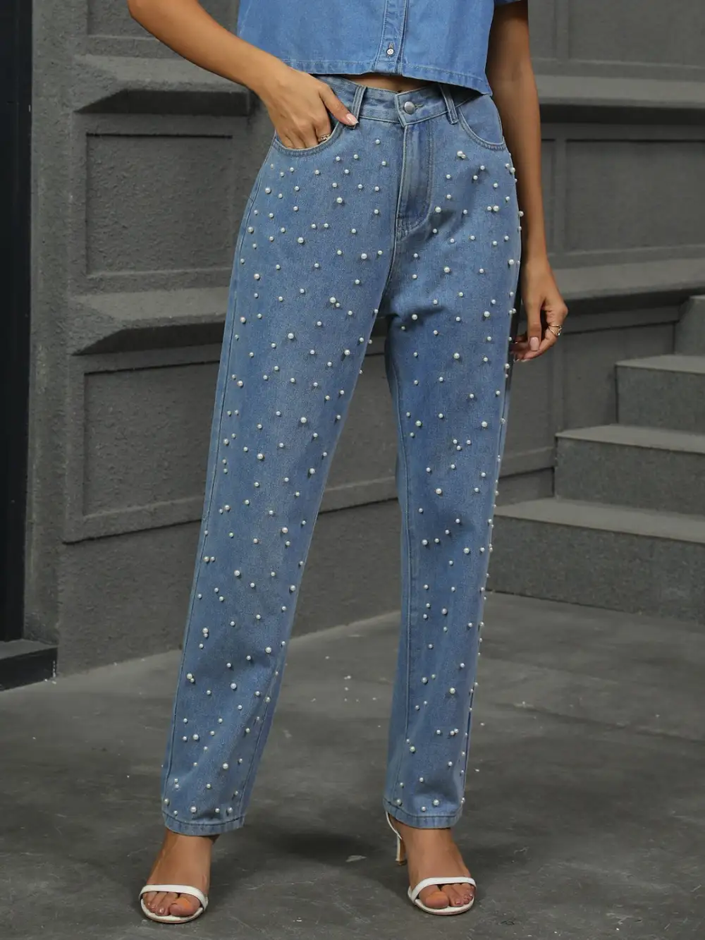 Tailored Washed Pocketed Stretch Straight Leg Jeans