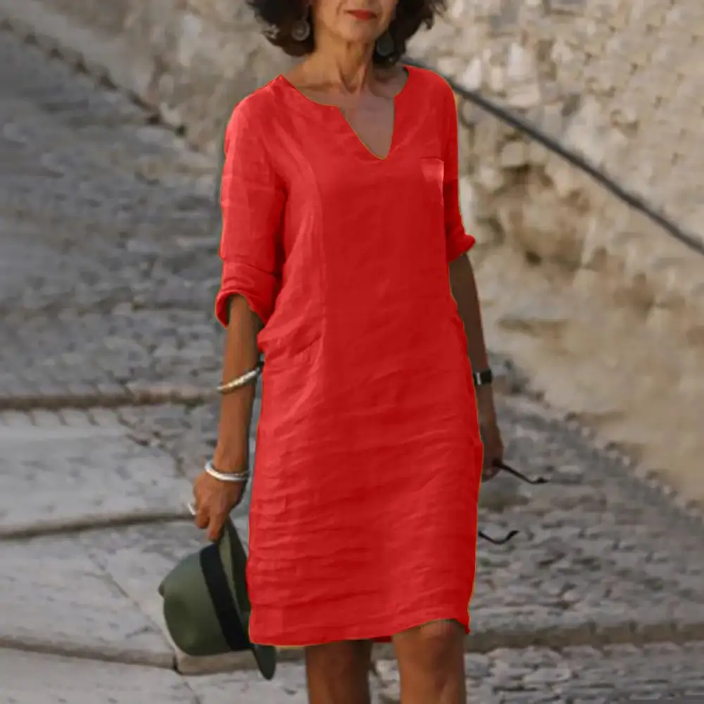 Women's V-Neck Three-Quarter-Sleeve Pocketed Dress