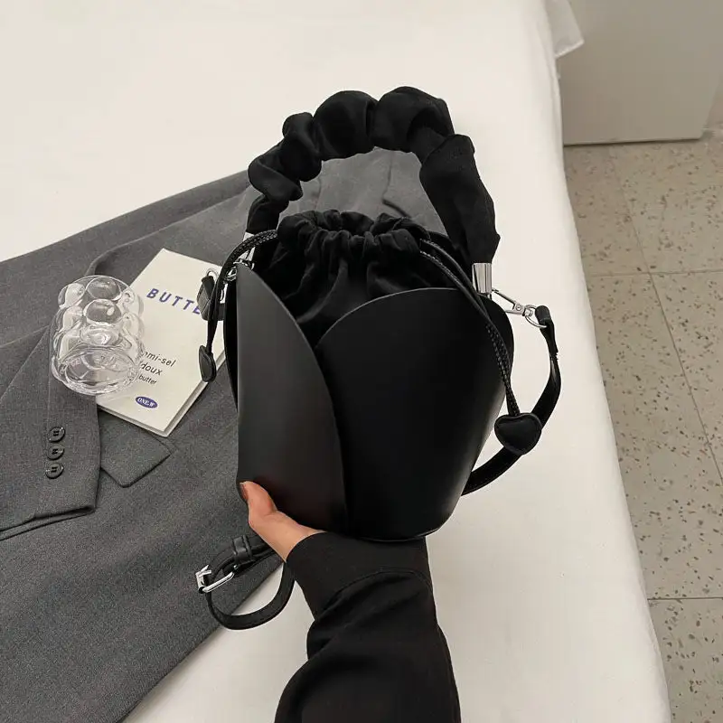 Faux Leather Pleated Drawstring Bucket Bag