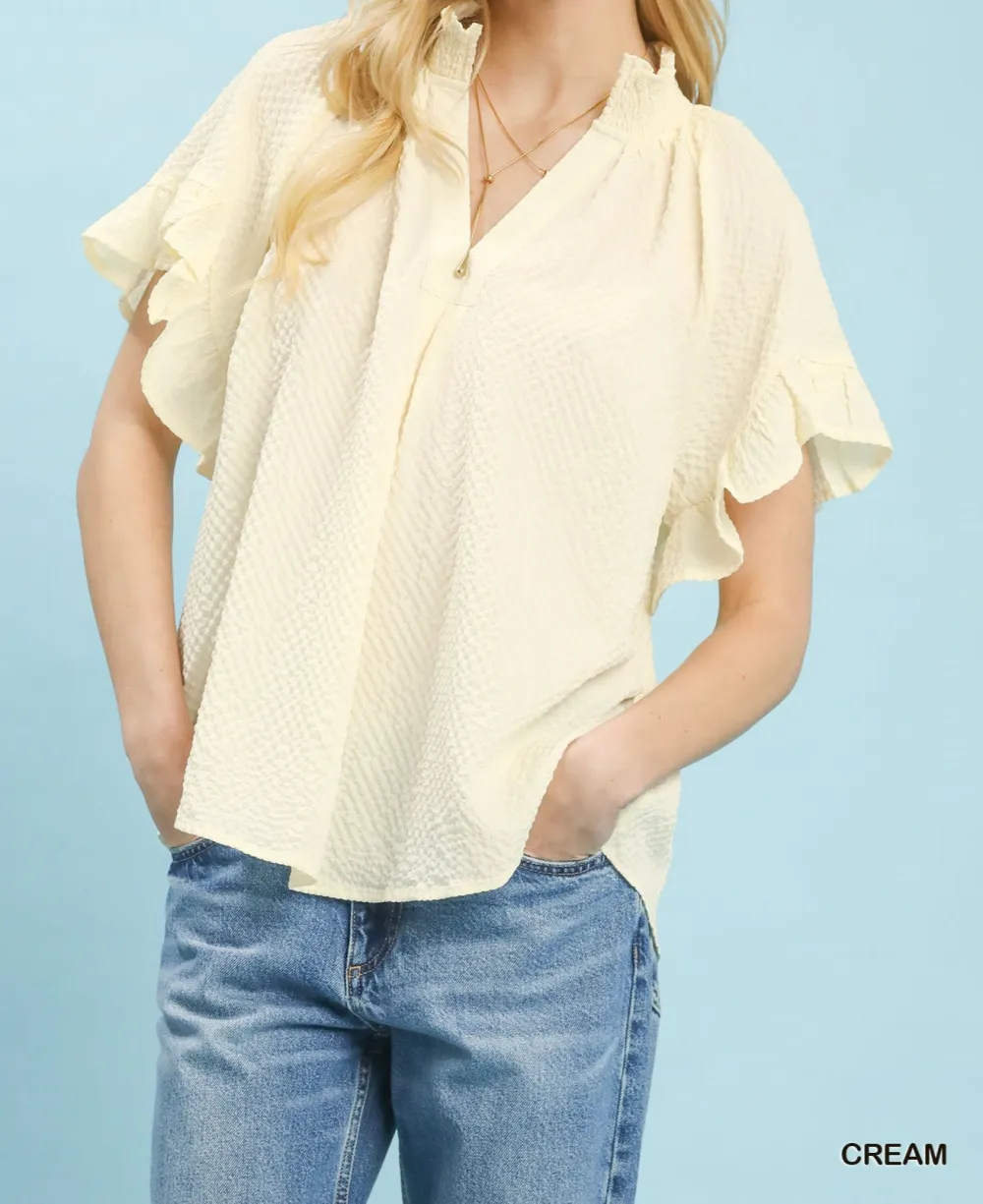 Textured Ruffle Sleeve Blouse