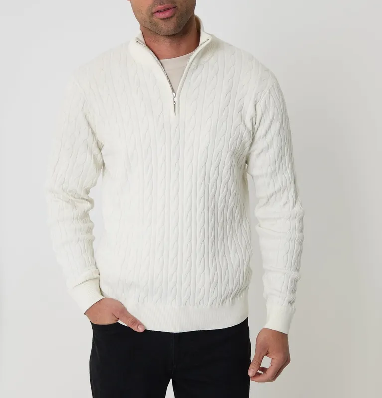 Ecru Cable-Knit Quarter-Zip Sweater