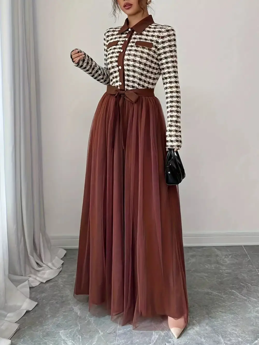 Plaid Tulle Long Sleeve Maxi Dress
