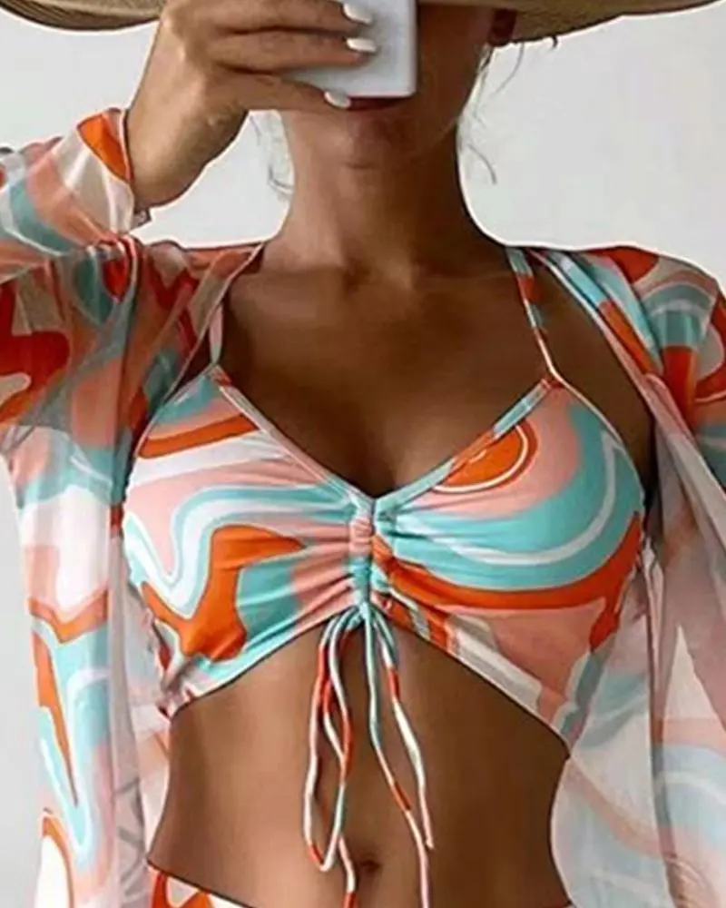 3PCS Abstract Print Drawstring Bikini Set With Cover Up