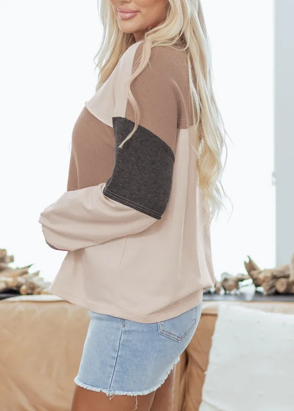 Women's Colorblock Henley Neck Loose Fit Top