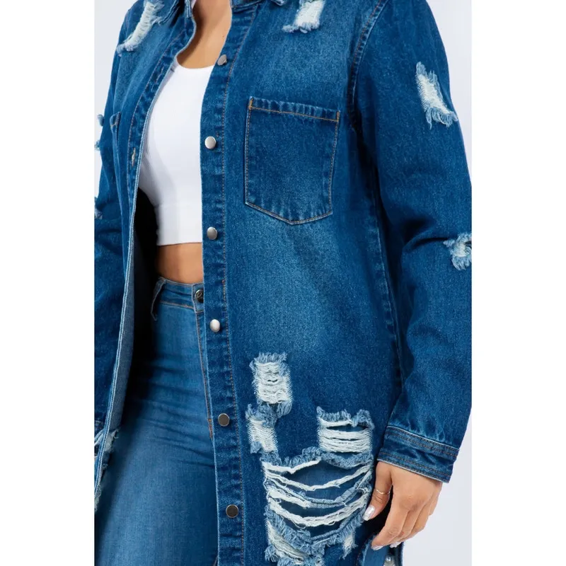 Distressed Button-Up Long-Sleeve Denim Jacket