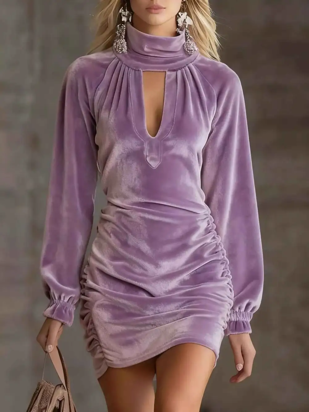Plus Size Velvet Ruched Flounce Sleeve Mini Dress
