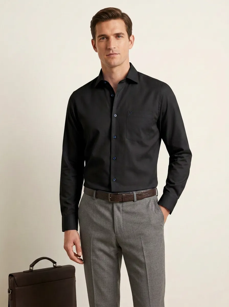 Men's Business Casual Non-Iron Cotton Light Blue Long Sleeve Shirt