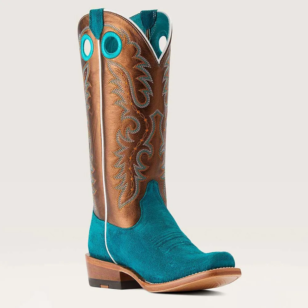 Faux-Suede Faux-Leather Embroidered Square-Toe Mid-Calf Boots