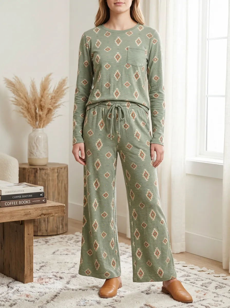 Women's Boho Geometric Pattern Printed Long Sleeve Coordinated Lounge Set