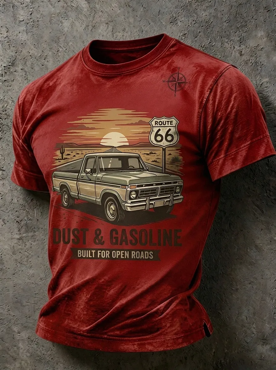 Men's Route 66 Vintage Truck Dust & Gasoline Printed T-shirt