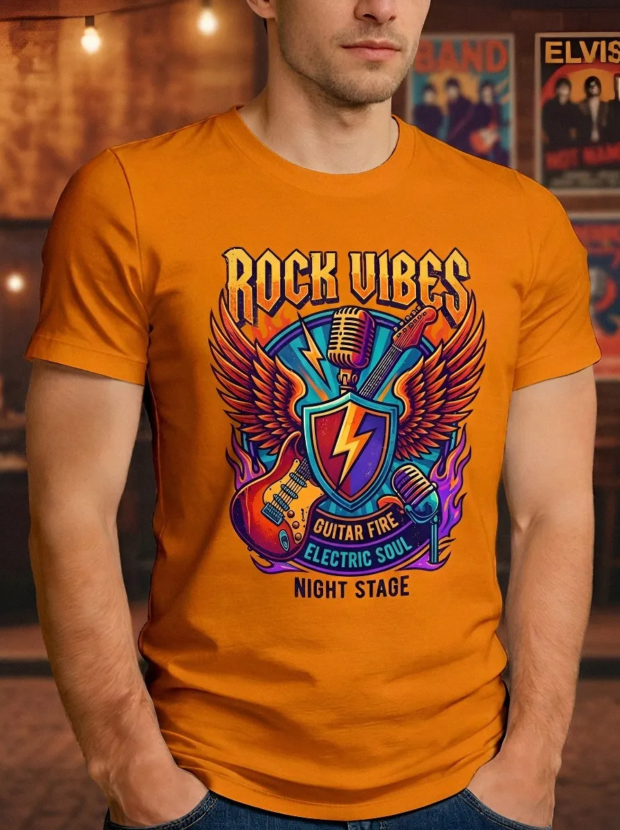Men's Rock Music Lover Guitar Fire Wings Printed T-shirt