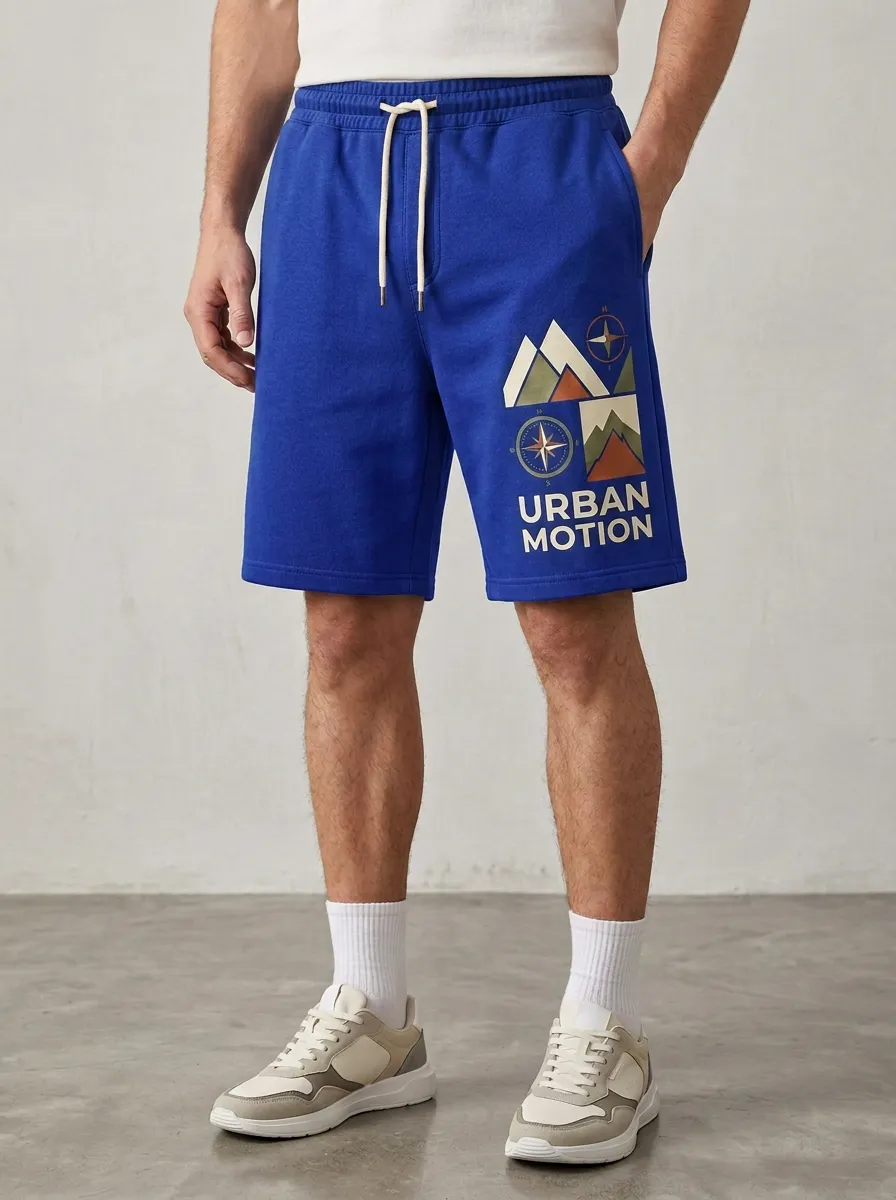 Men's Mountain Compass Drawstring Elastic-Waist Printed Sweat Shorts