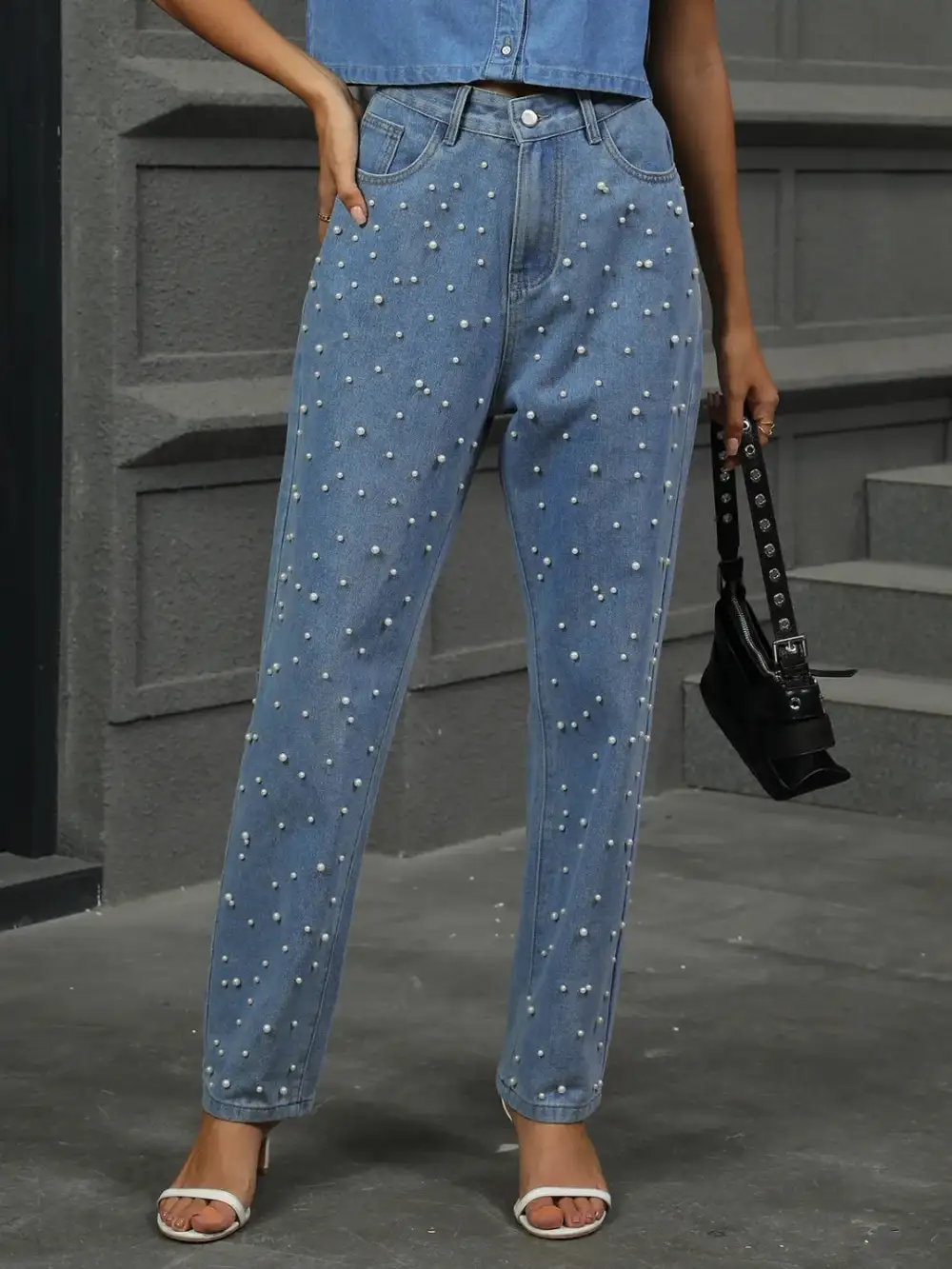 Pearl Detail Pocket Denim Jeans